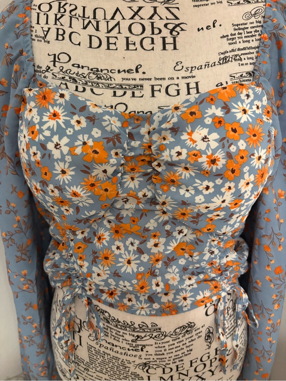Blue Floral Ruched Tie-Side Sweetheart Crop Top